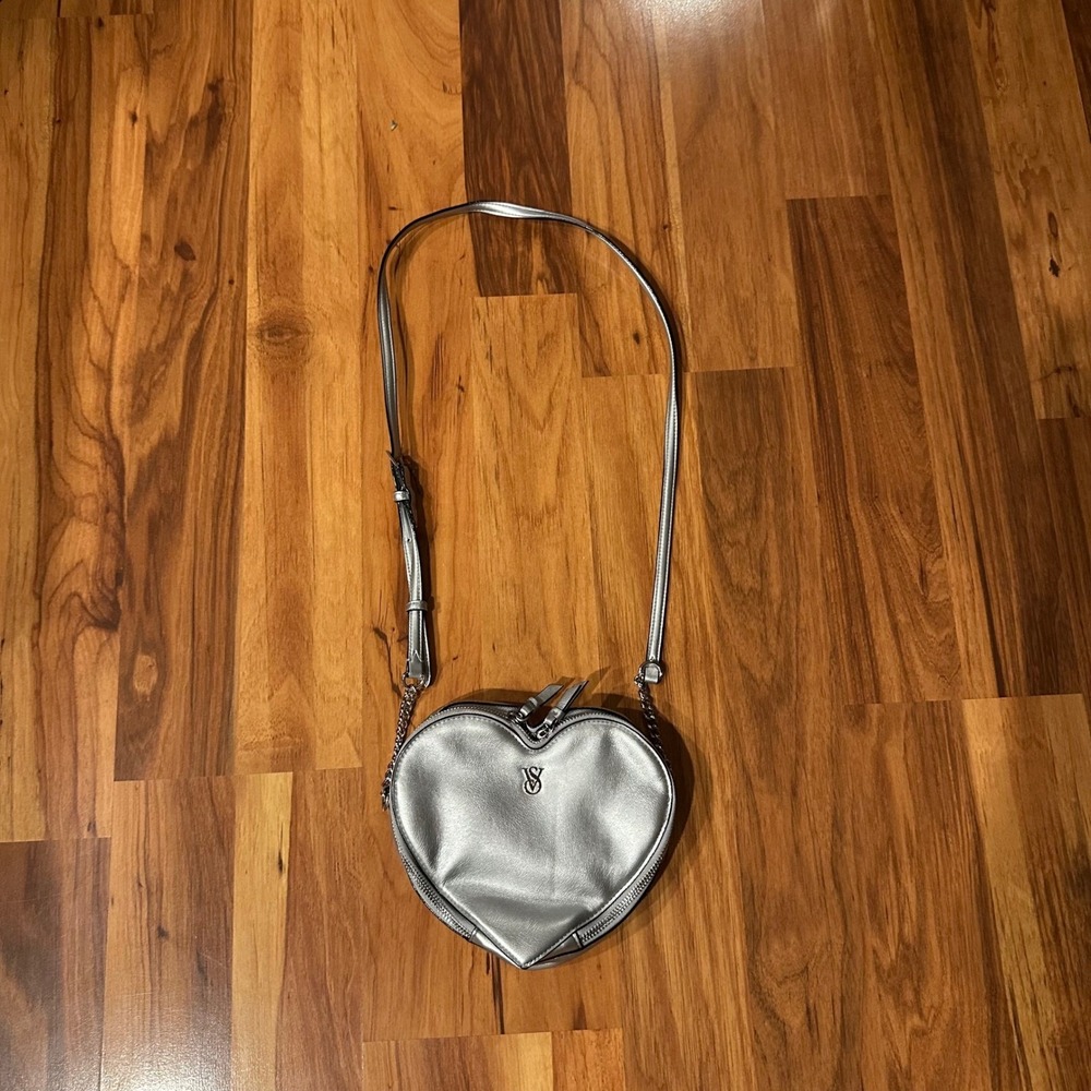 Victorias Secret Metallic Silver Heart Crossbody Bag Adjustable Strap VS Logo